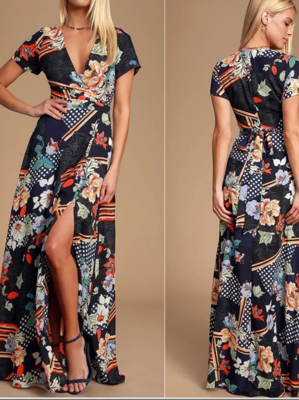 NWT Lulus Floral Faux Wrap Maxi Dress XS Navy Wedding Guest Formal Slit